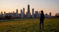 You can see the Chicago skyline visible from nearly 50 miles away in the Indiana Dunes sunset.